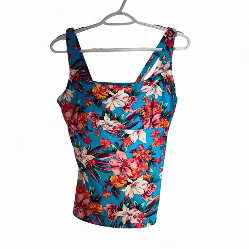 Lands' End Bright Turquoise Floral Square-Neck Tank